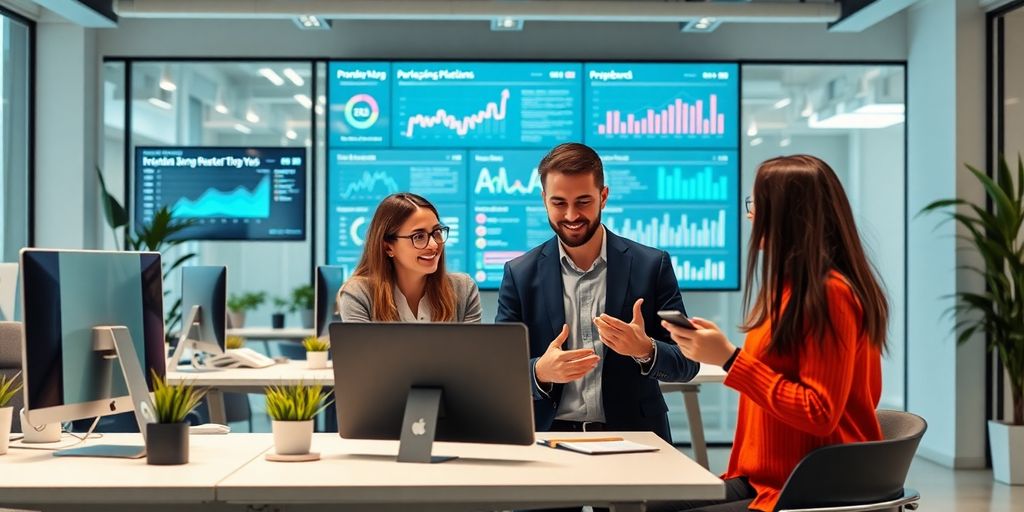 Profissionais de marketing digital em ambiente moderno.