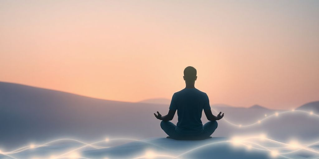 Person meditating in a serene landscape with glowing waves.