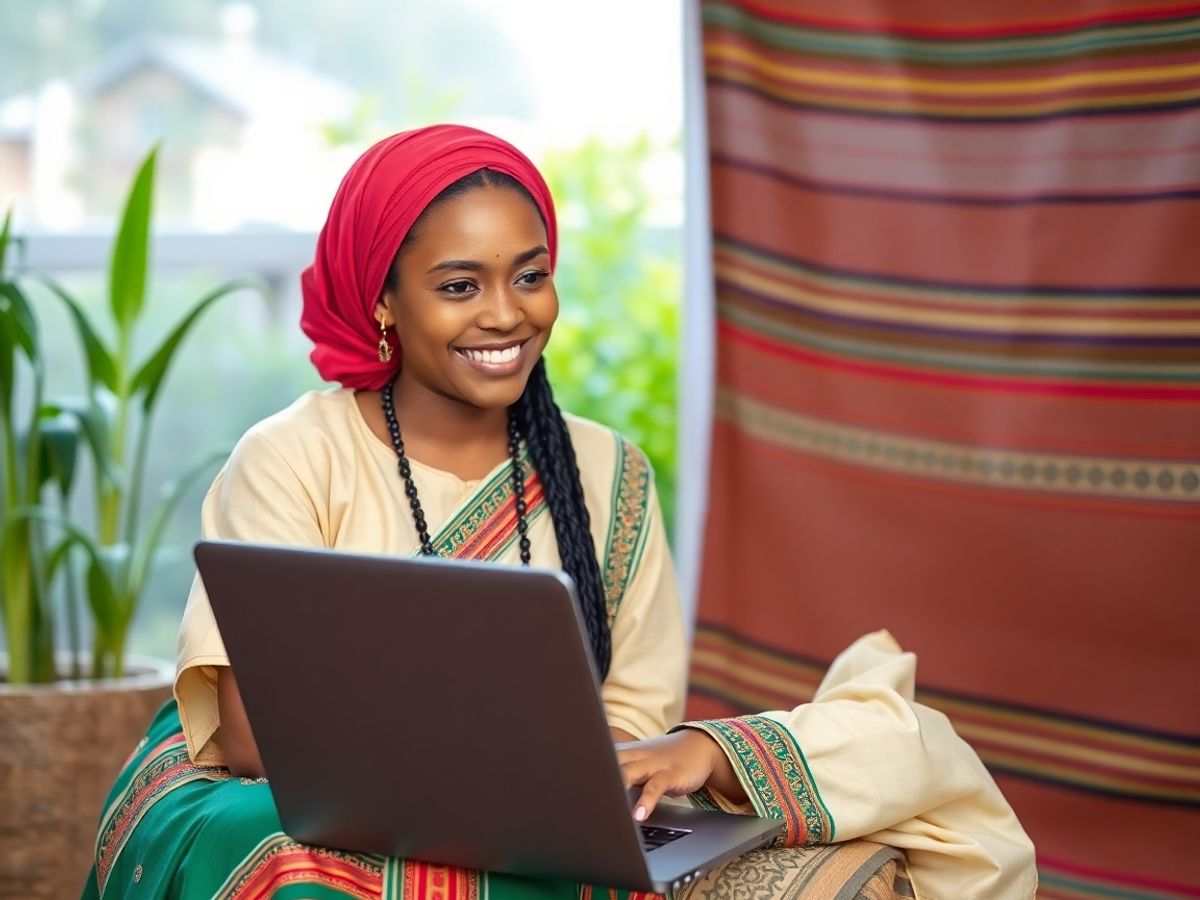 Ethiopian woman smiling while chatting online on laptop.