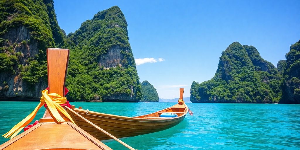 Longtail boat on clear blue water near limestone cliffs.