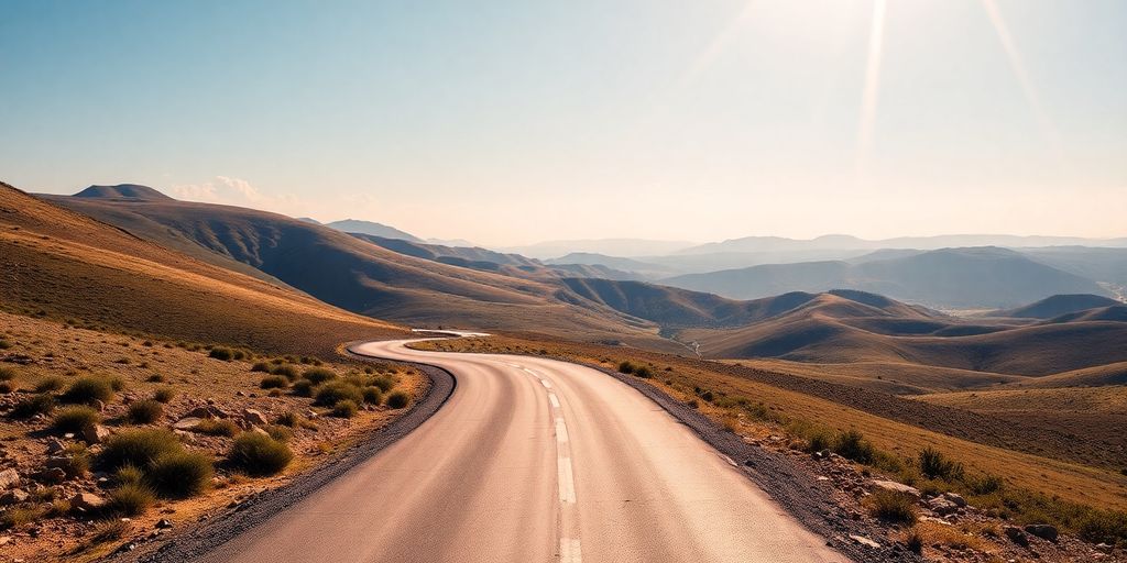 A winding road through a scenic landscape.