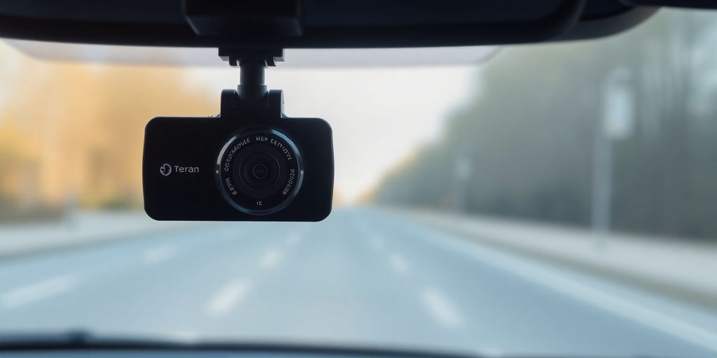 Modern dashcam mounted on a car windshield.