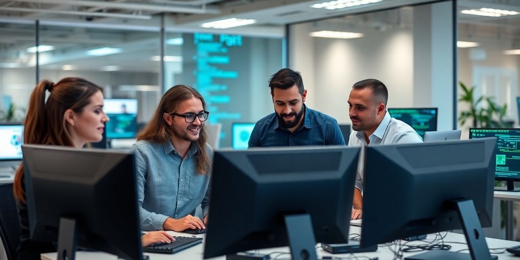 Cybersecurity team working together in a modern office.