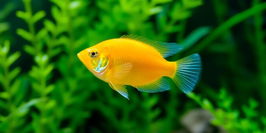 蜂蜜古吉鱼在郁郁葱葱的水族箱环境中游动。