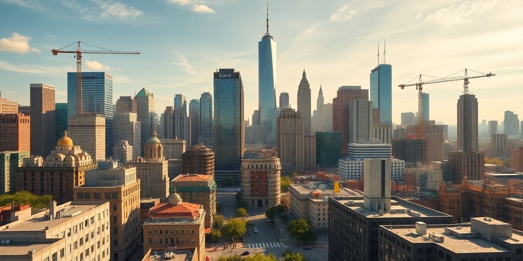 City skyline with skyscrapers and bustling urban activity.