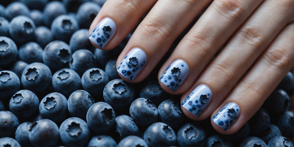 Blueberry Milk Nails with fresh blueberries in background.