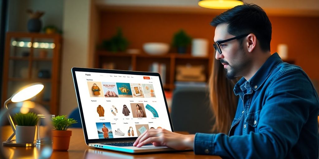 Customer using ecommerce site on laptop with satisfaction.