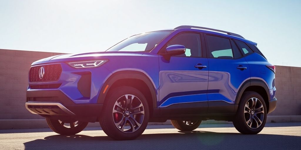 Blue Rivian R2 SUV parked outdoors, modern design.