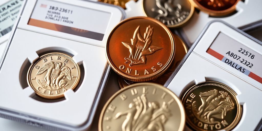 Graded coins displayed with certification labels on a surface.