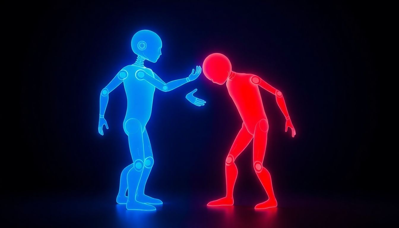 Abstract AI figures, one blocking the other.