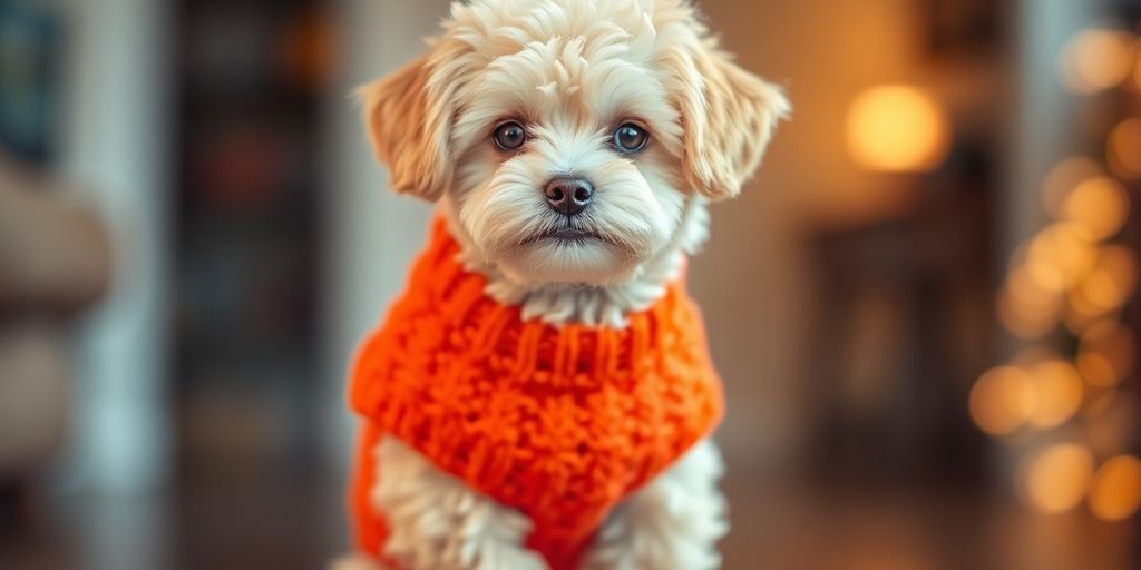 Dog wearing a stylish, handmade sweater.