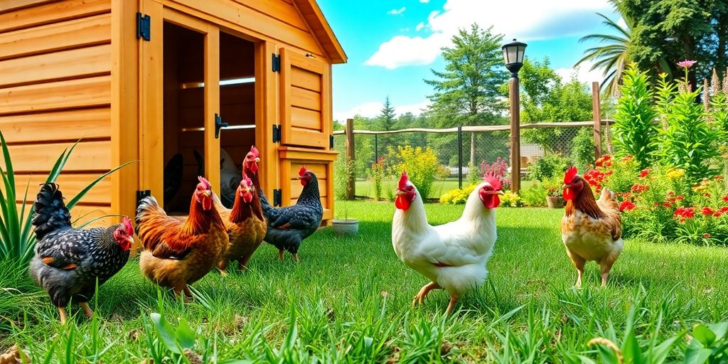 Chickens pecking in a sunny backyard coop.
