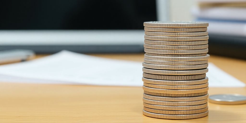 Pièces d'argent empilées sur un bureau financier.