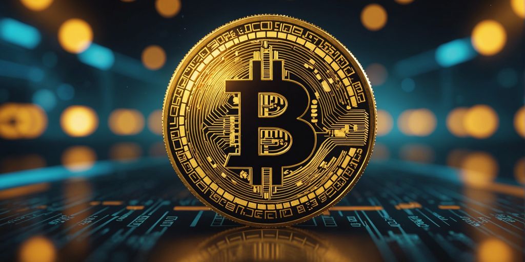 Golden Bitcoin coin with glowing referral codes and bonus icons on a dark, futuristic background.