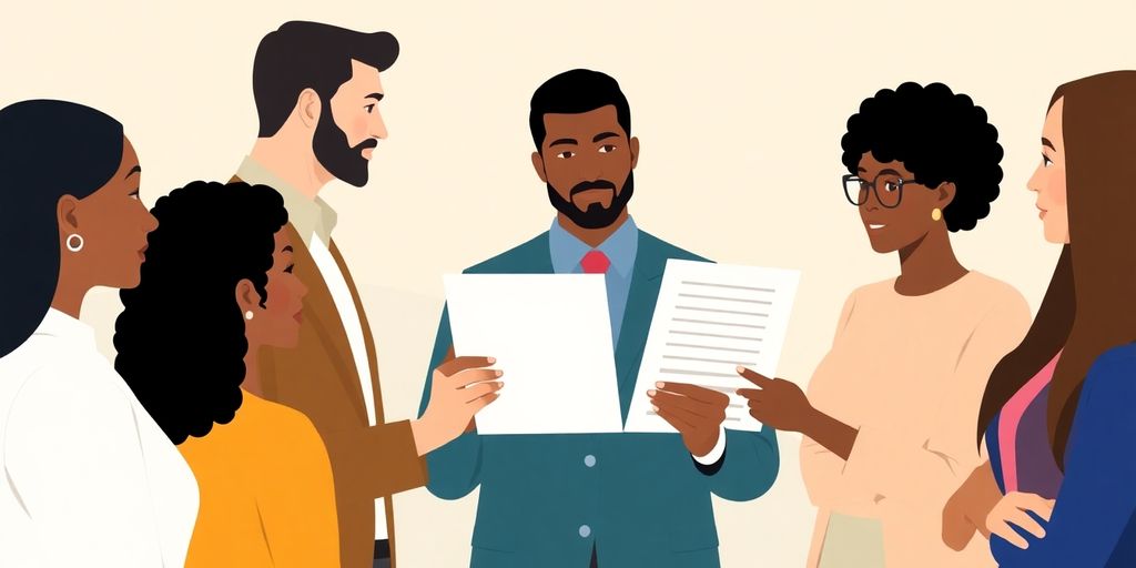 Illustrasjon av personer som diskuterer en arbeidsavtale.