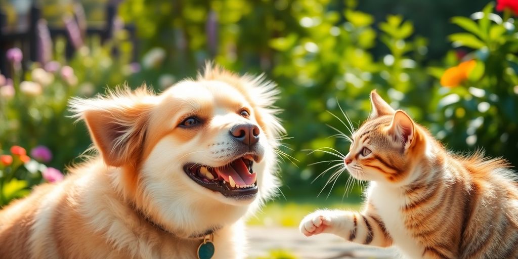 Perro y gato jugando en un jardín verde.