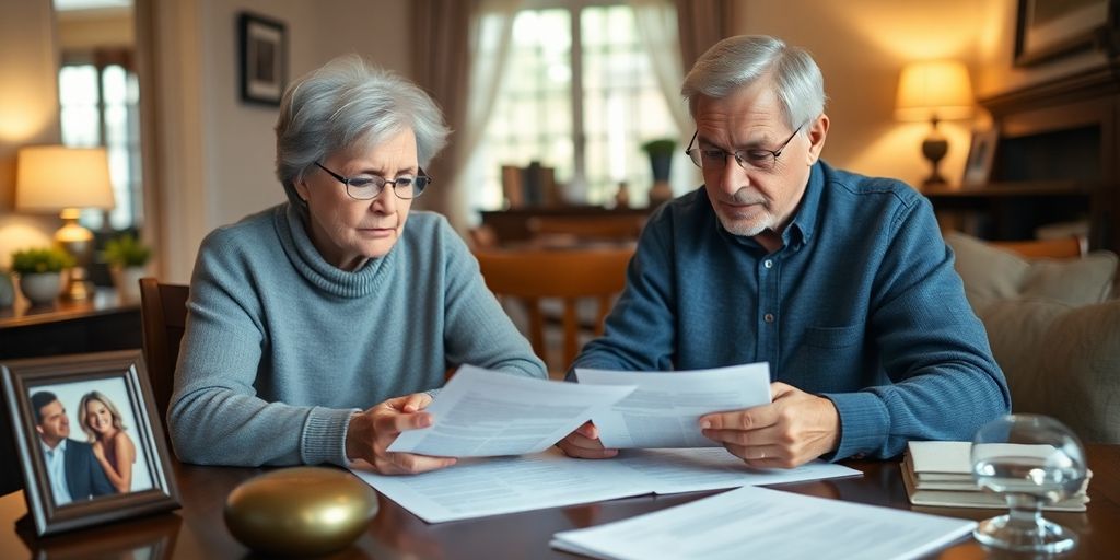 Elderly couple discussing estate planning at home.