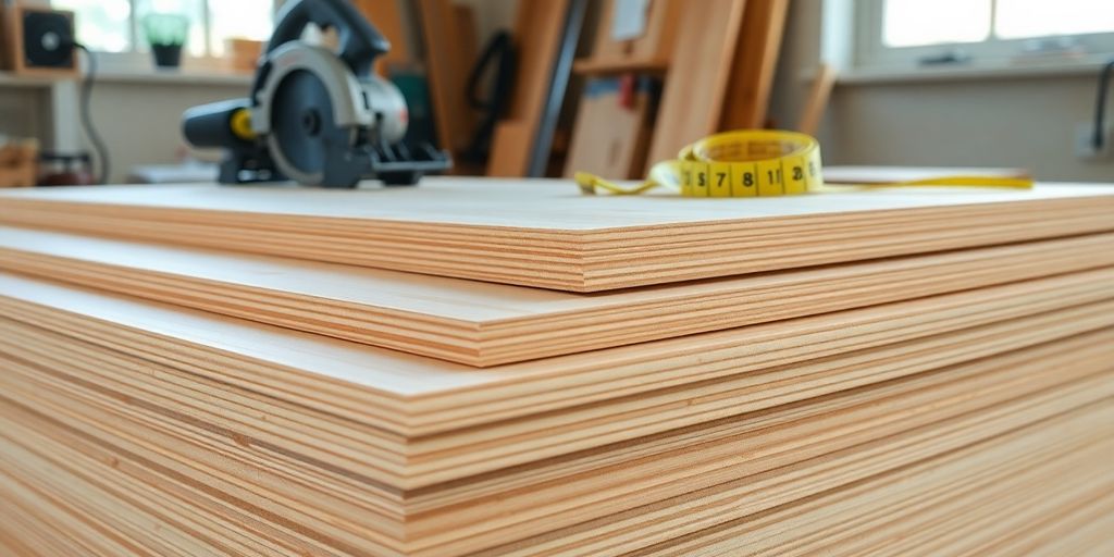 Plywood sheets and tools in a renovation workshop.