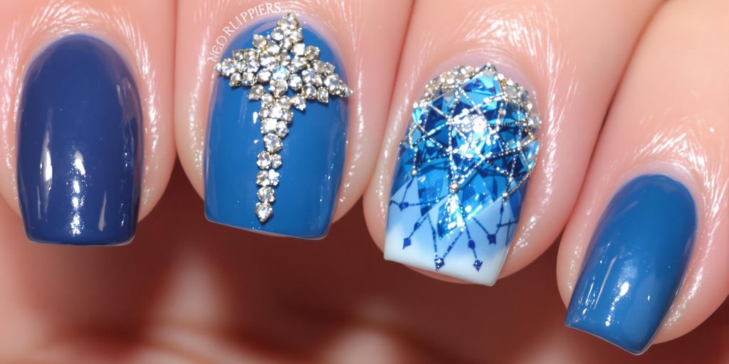 Unhas azuis sofisticadas com designs variados.