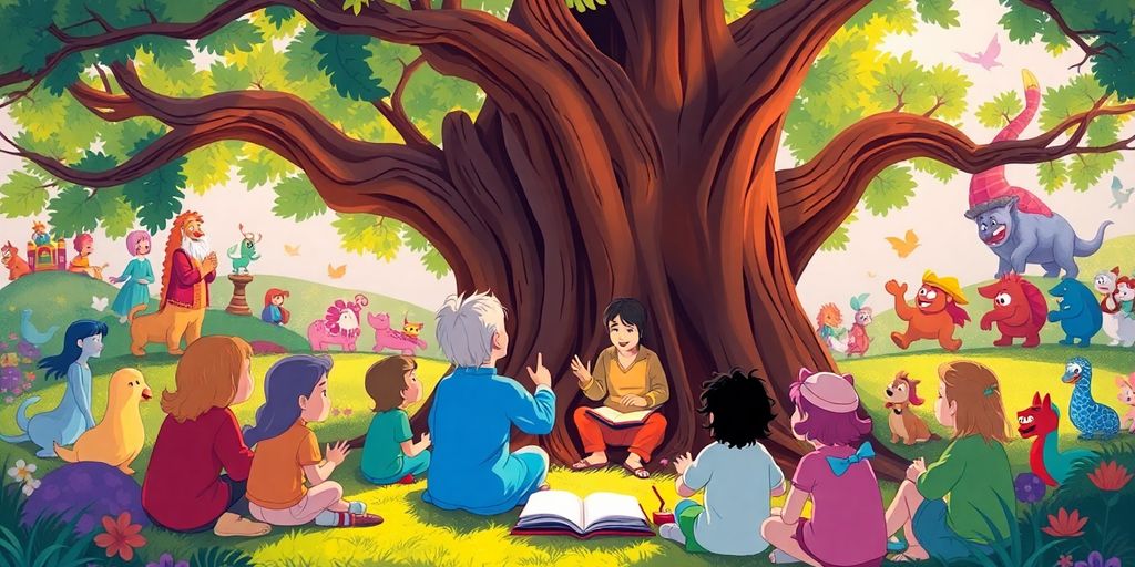 Children listening to a storyteller under a large tree.