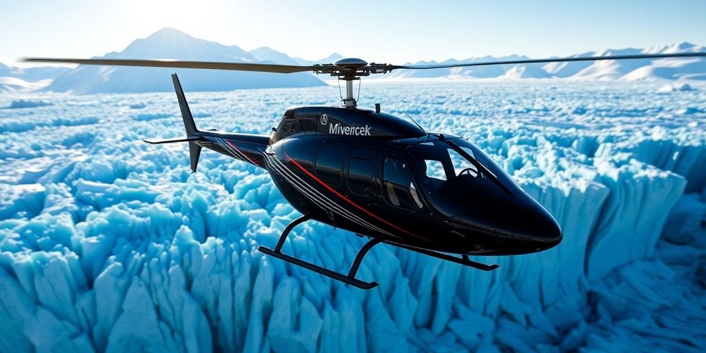 A Maverick helicopter flies over a vast, icy blue glacier.