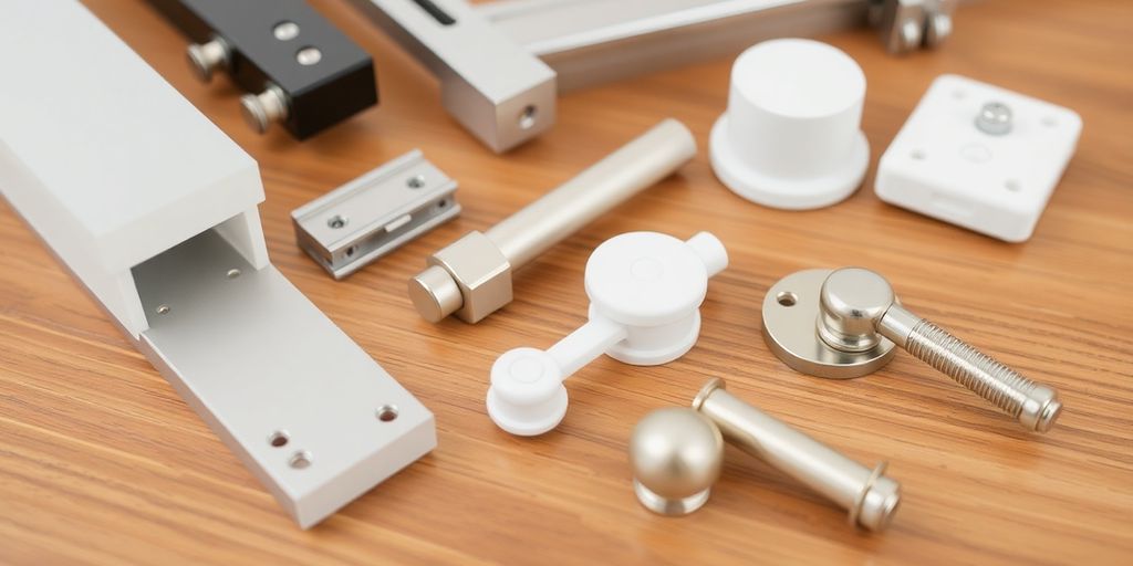 Various sliding closet door hardware displayed on a table.