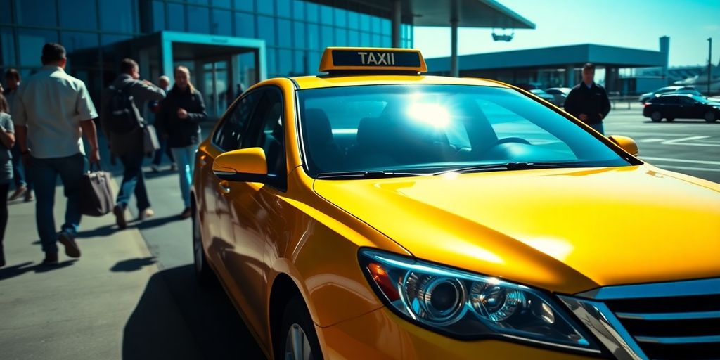 Yellow taxi waits at DFW airport terminal.