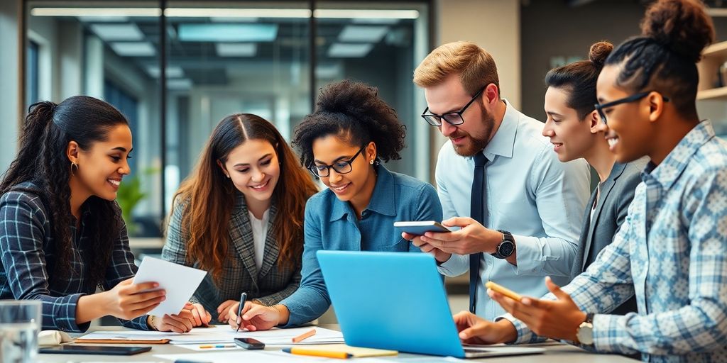 Diverse professionals collaborating in a modern office setting.
