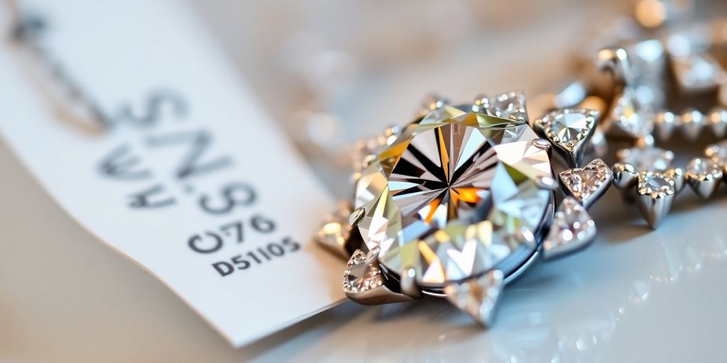 Bijou brillant avec une étiquette de prix floue en arrière-plan.