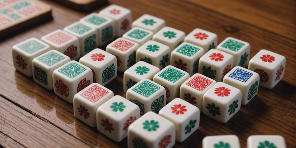 A set of colorful American Mahjong tiles arranged on a wooden table, showcasing their unique designs and vibrant hues.