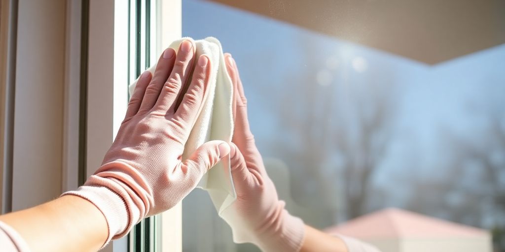Person cleaning low-E coated window with soft cloth.
