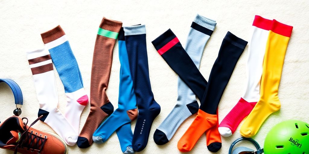 Colorful knee high socks with casual footwear and sports gear.
