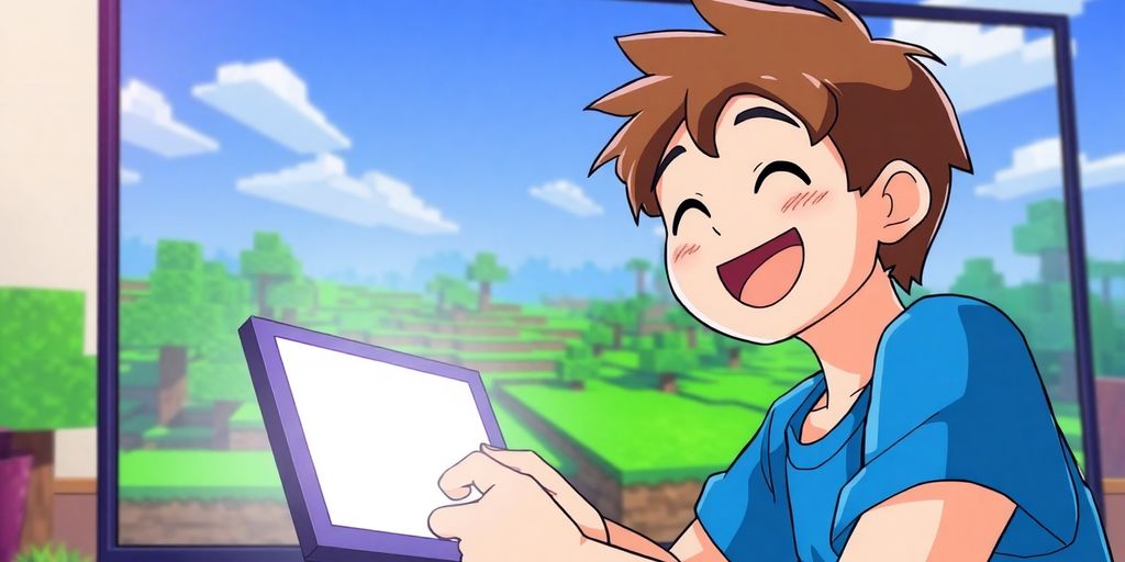 Anime character playing Minecraft, green landscape.