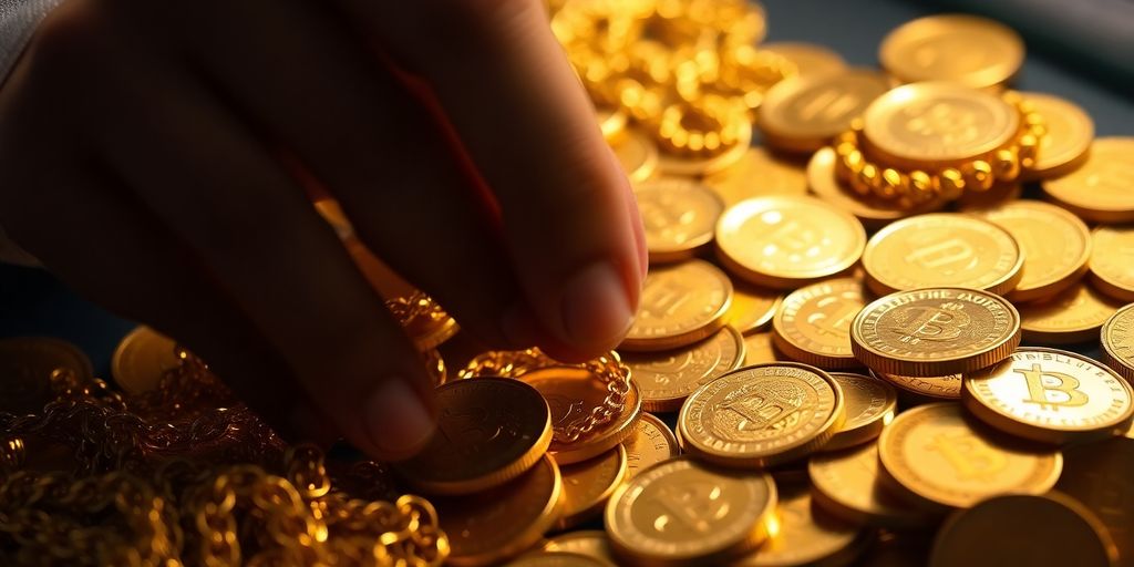 光線充足的桌子上擺放著珠寶和金幣。
