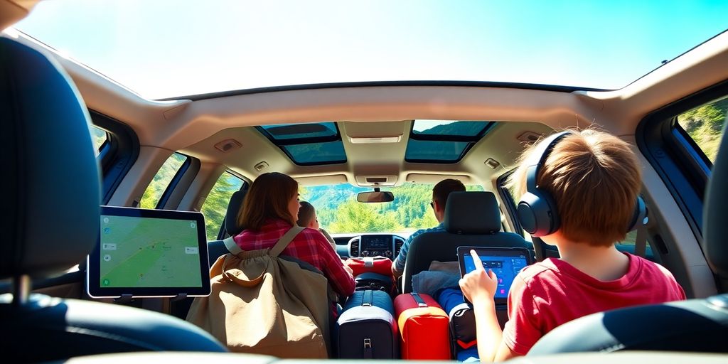 Family adventure in 7-seater car with scenic backdrop.
