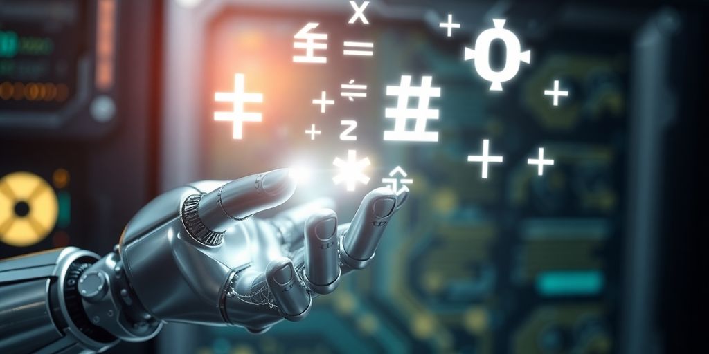 Robot hand solving complex math equations.