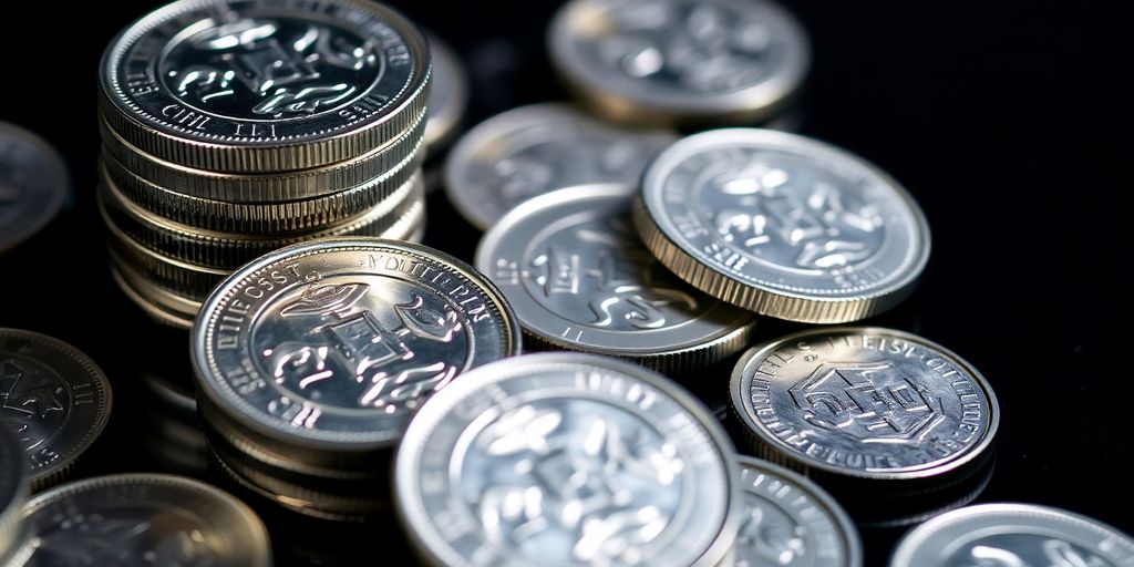 Pièces d'argent brillant sur fond sombre.