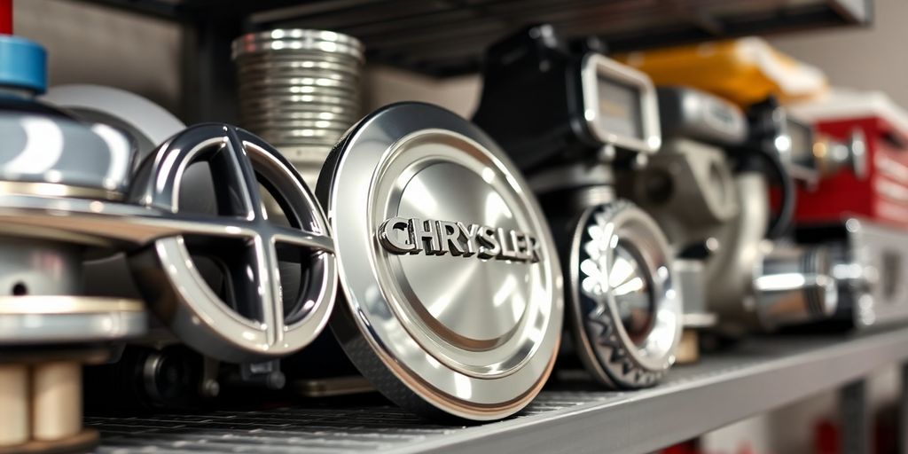New Chrysler parts gleaming on a garage shelf.