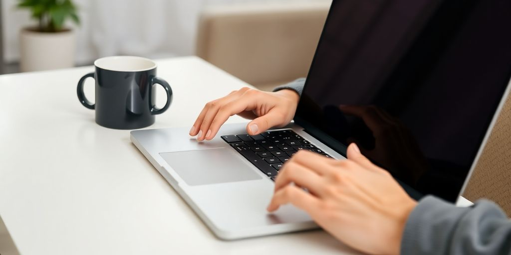 Laptop, coffee, and hands working remotely.