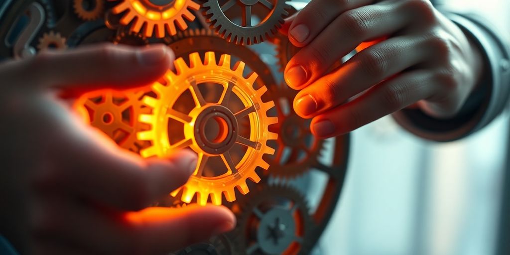 Gears, light, and a person's hands.