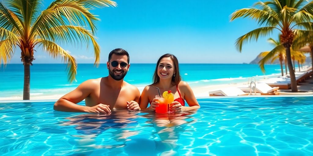Couple enjoying luxury resort pool with ocean view.