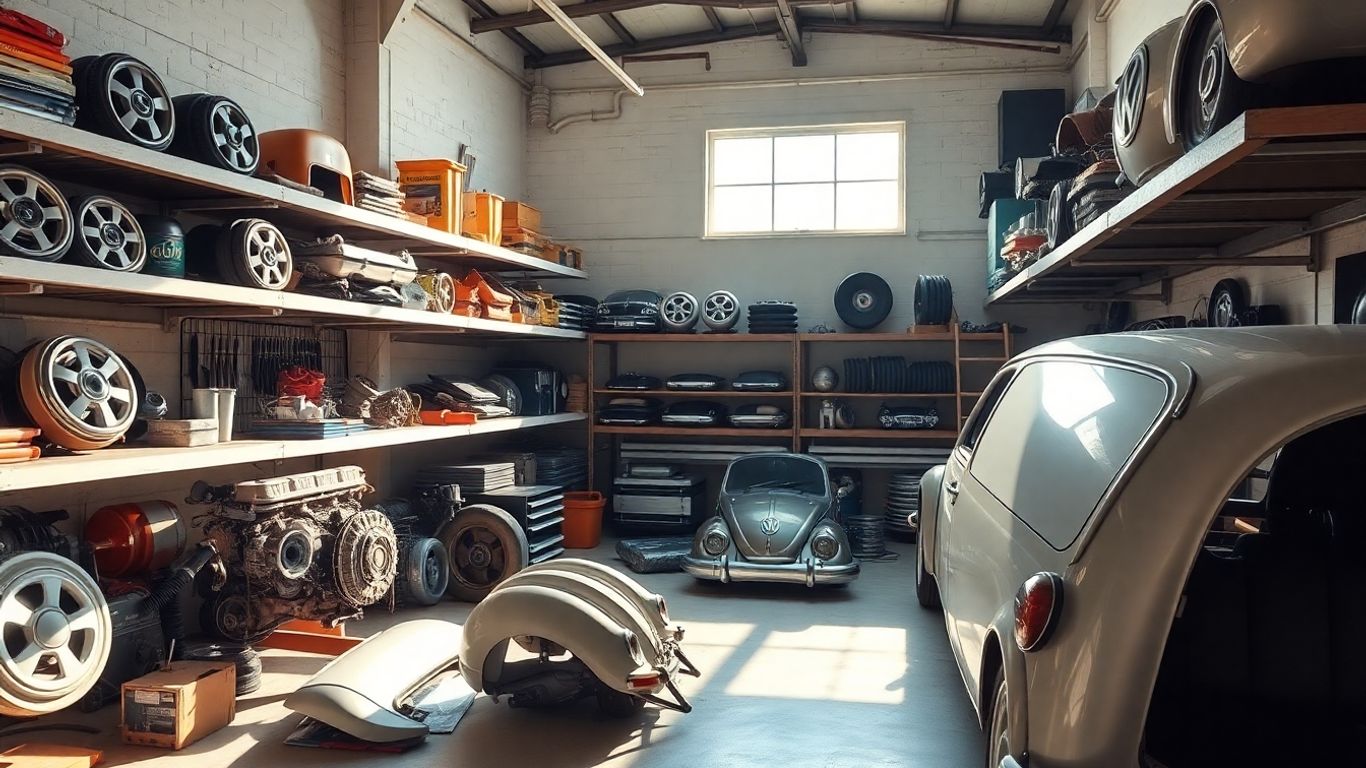Volkswagen car parts arranged in a workshop.