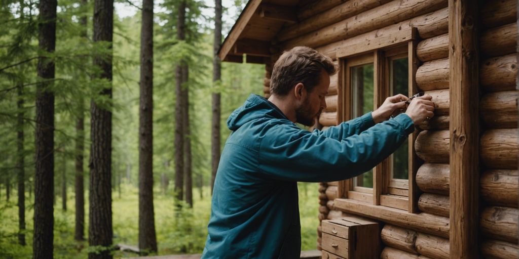 Professional cabin stainer applying stain to a wooden cabin in Hochatown forest, ensuring a high-quality finish.