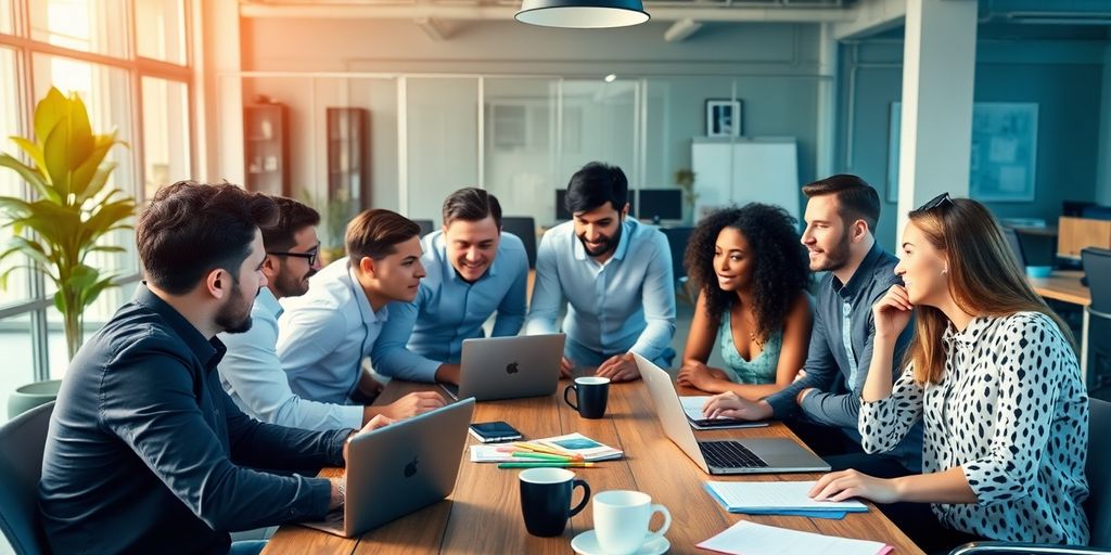 Diverse entrepreneurs collaborating in a modern workspace.