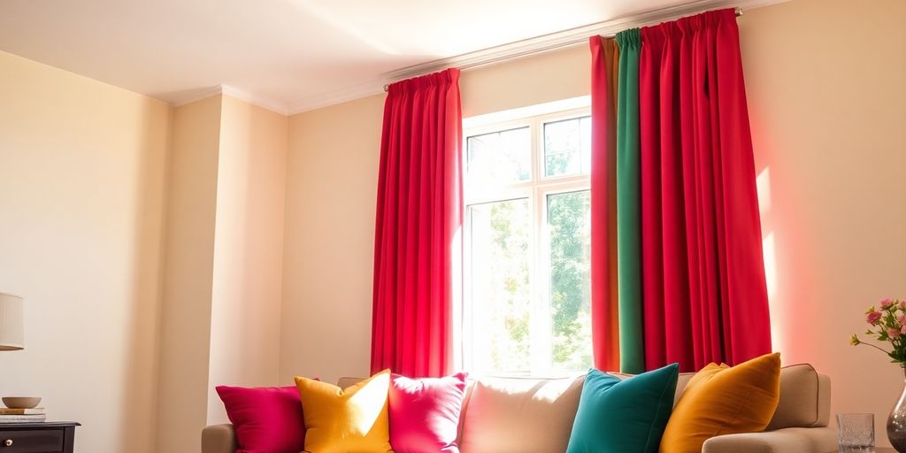 Cream room, colourful curtains, bright cushions, natural light.