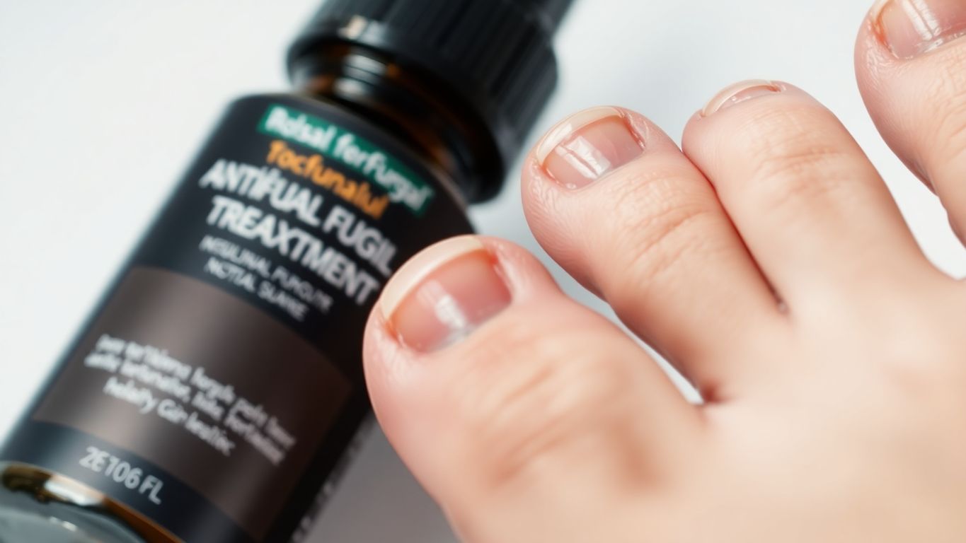 Healthy toenails with antifungal treatment bottle.
