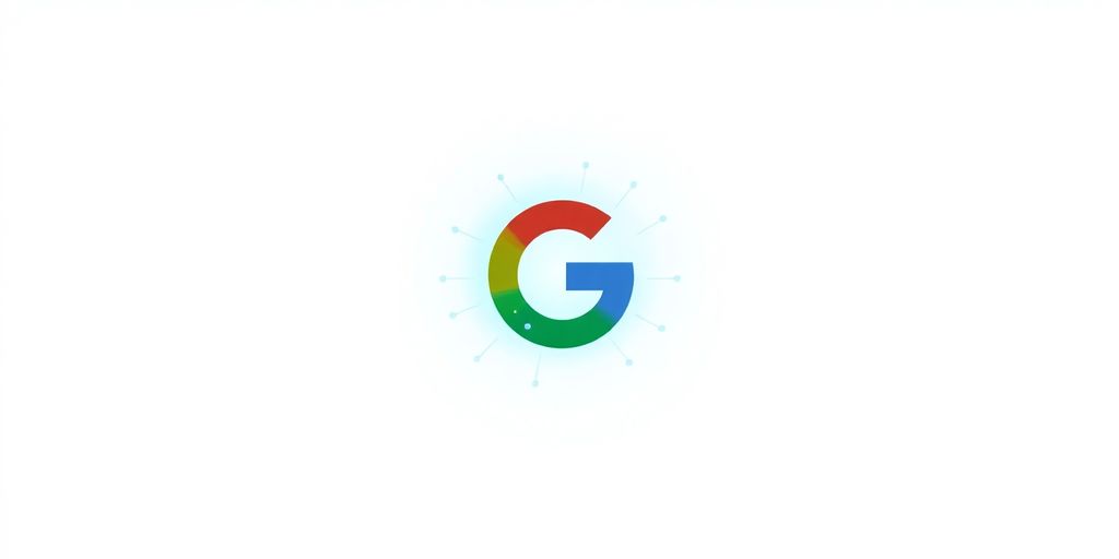 Subtle Google logo, abstract data analysis.