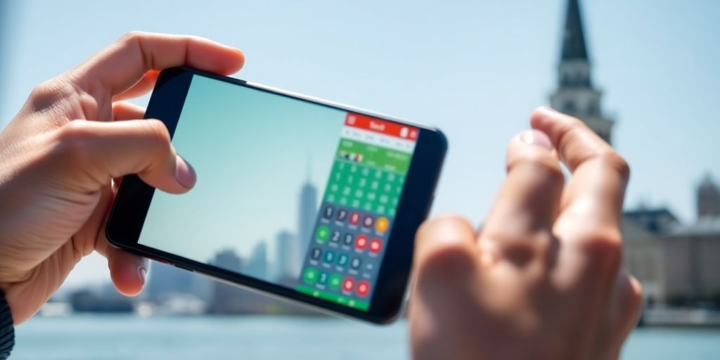 Man holding phone with betting app, Connecticut background.