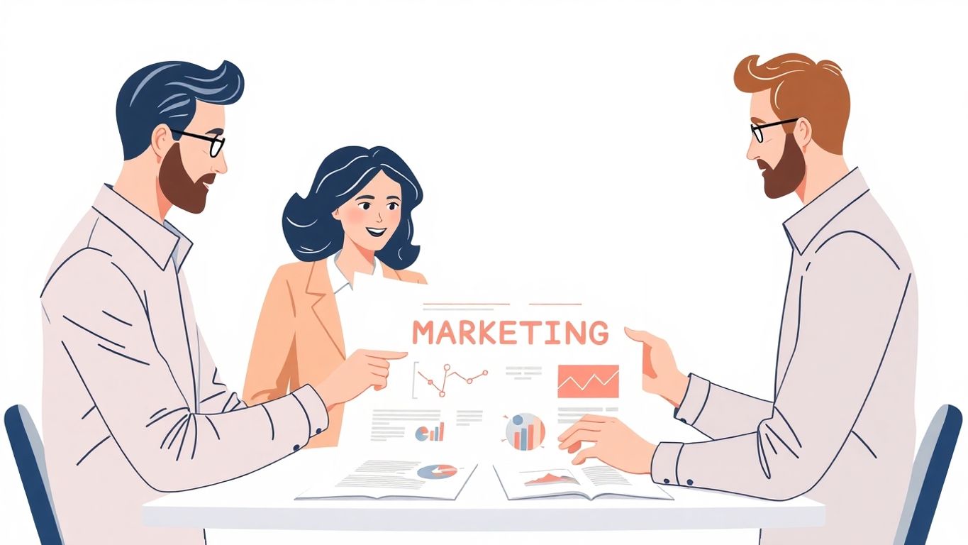 Illustrasjon av småbedriftsledere som planlegger markedsføring.