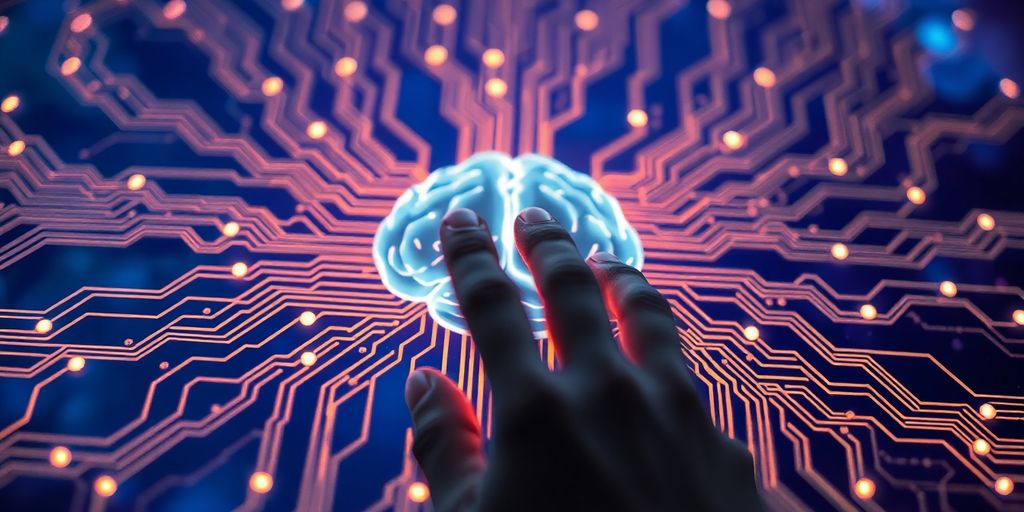 Glowing circuits, human hand, digital brain, futuristic technology.